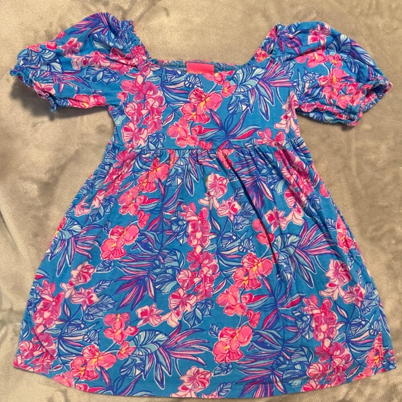 Lilly Pulitzer Girls Dress Small 4/5 Smocked Puff Sleeve Tropical Floral - Picture 1 of 6